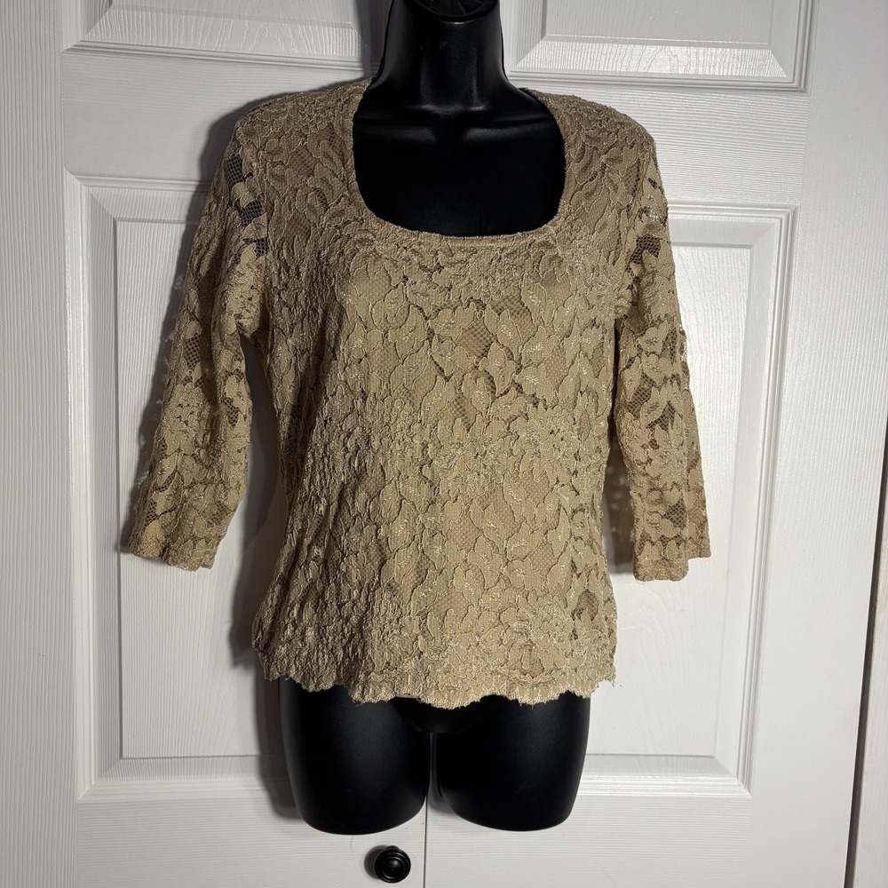 Vintage CDW Floral Lace Top Women L Metallic Gold Lined Scoop Neck Y2K USA Top